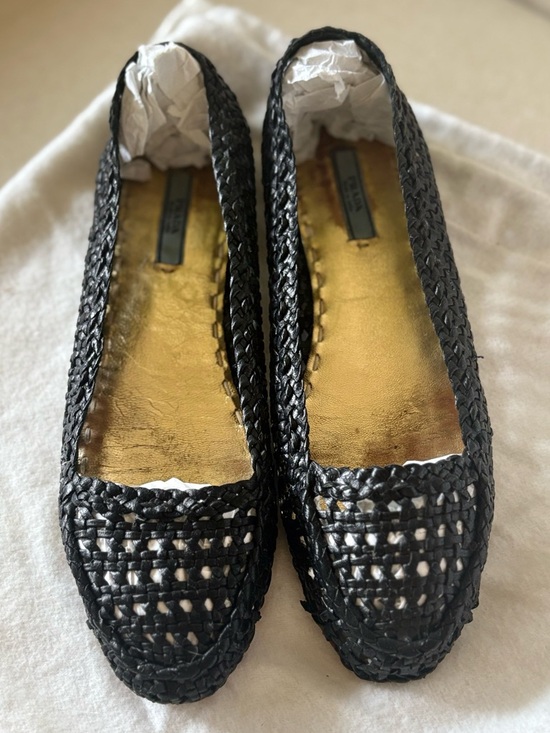 Prada Shoes - Prada Black Woven Leather Ballet Flats with Gold Insole